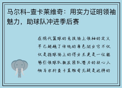 马尔科-查卡莱维奇：用实力证明领袖魅力，助球队冲进季后赛